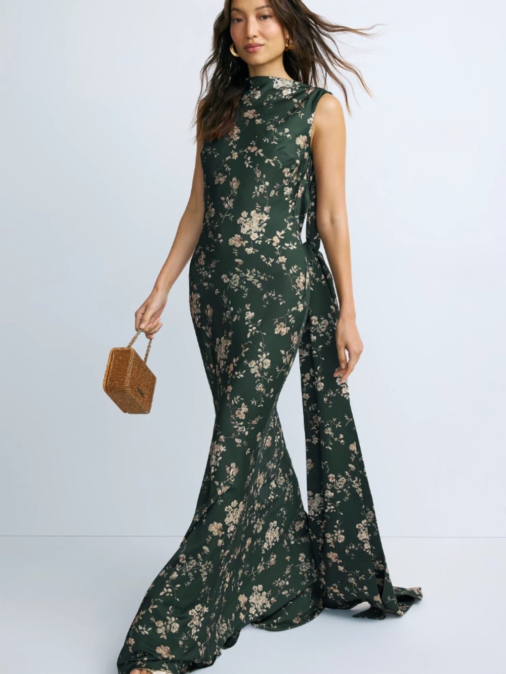 Sau Lee Callie Printed Gown Green Floral Maxi Dress Draped - Size US 2